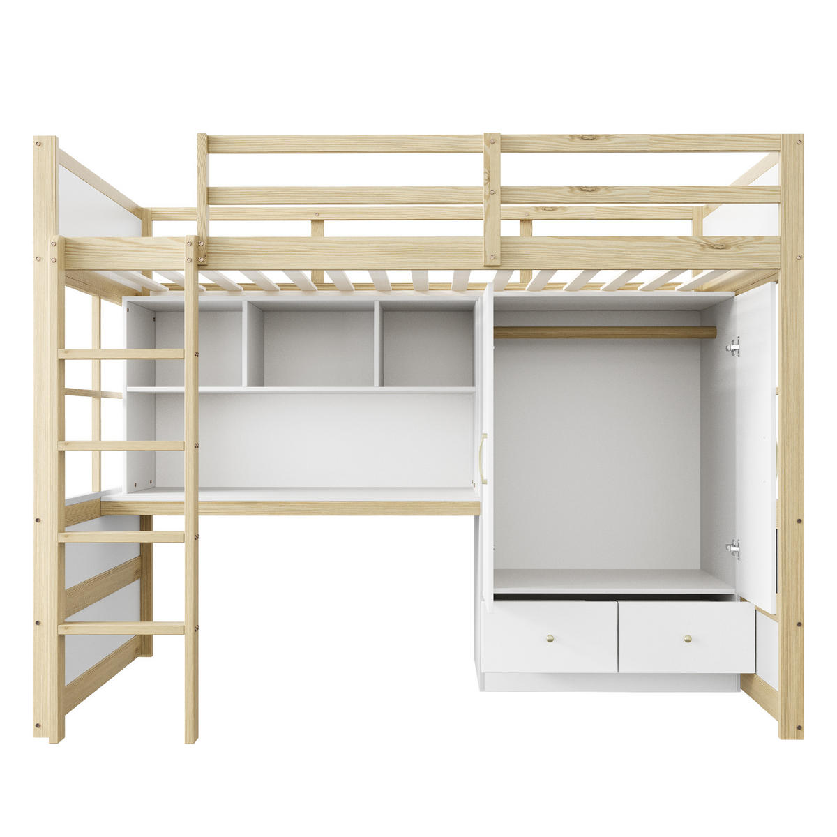 HOCHBETT aus Massivholz 90x200 cm in Naturholz mit Schreibtisch & Kleiderschrank - Naturfarben, Holz (90/200cm) - Modfu