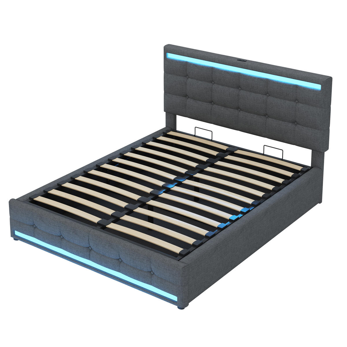 POLSTERBETT 140/200 cm grau mit LED-Beleuchtung und Stauraum - Grau, Textil (140/200cm) - OKWISH