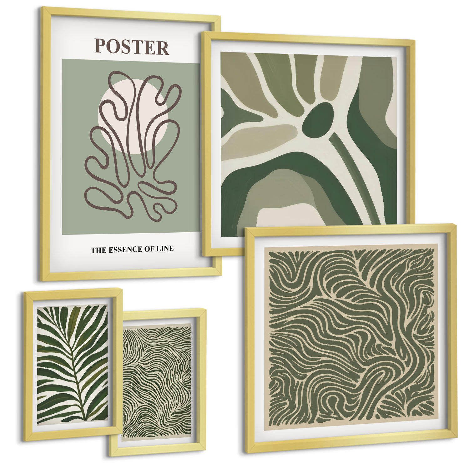 BILDER SET 5er Set - 50x50 cm & 20x30 cm & 40x60 cm Goldrahmen - Blattmuster und wellenförmige Formen - Goldfarben, Kunststoff (40/60cm) - TULUP