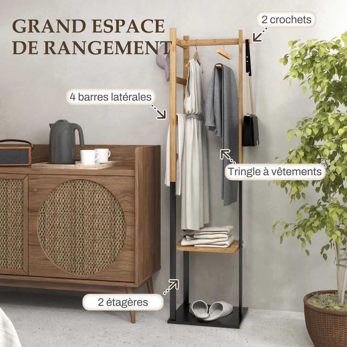 GARDEROBENSTÄNDER DE-17180 Natur - Naturfarben, Naturmaterialien (28.5/153.5/46cm) - ComfortXL
