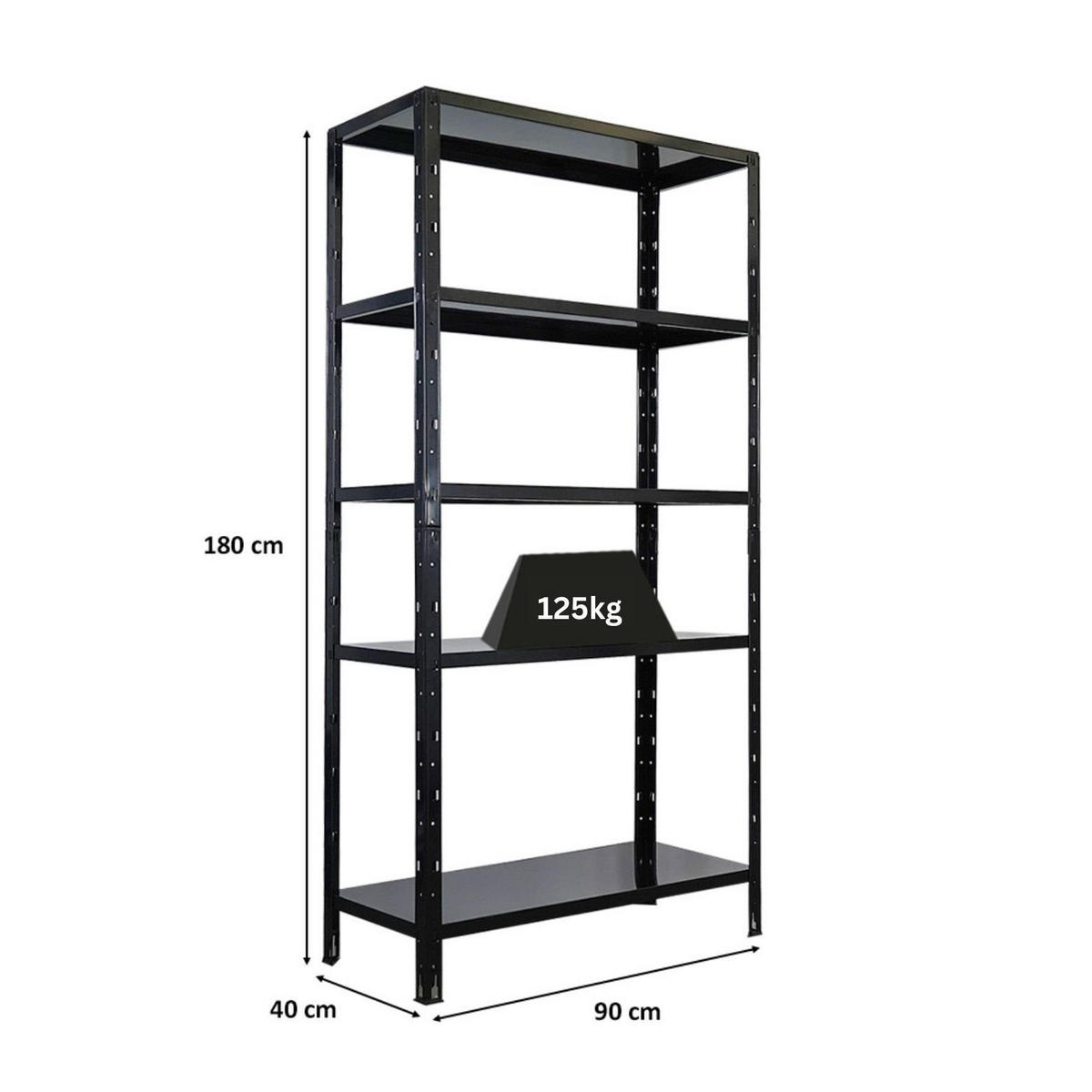 SCHWERLASTREGAL Ares 180x90x40cm 5 Stahlplatten-Ebenen Fachlast 125 kg Schwarz - Schwarz, Metall (90/180/40cm) - PROREGAL