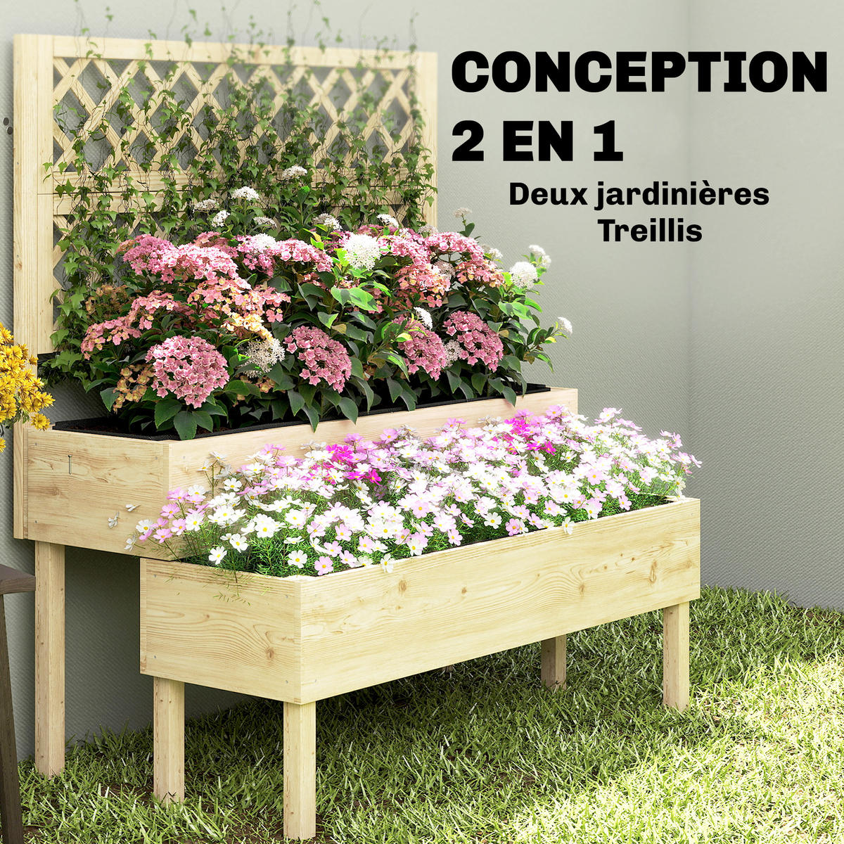 HOCHBEET 2-Stufig DE-12298 mit Rankgitter 108/62/120 cm Natur - Naturfarben, Holz (108/120/62cm) - ComfortXL