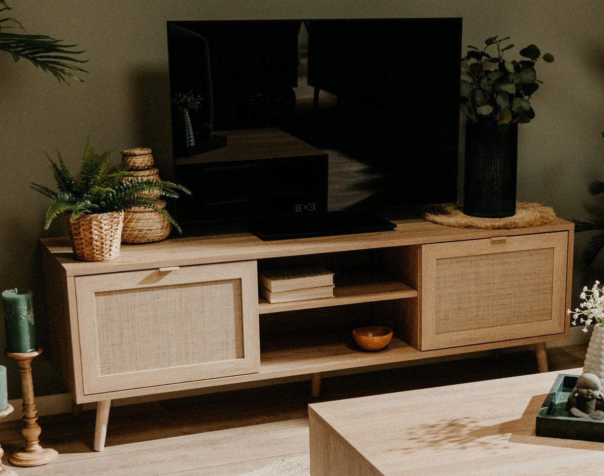 TV-LOWBOARD Eiche Sonoma, Bast-Dekor 150 cm, TV-Unterteil skandinavisch - Eichefarben, Holz/Holzwerkstoff (150/52/40cm) - Furn.Design