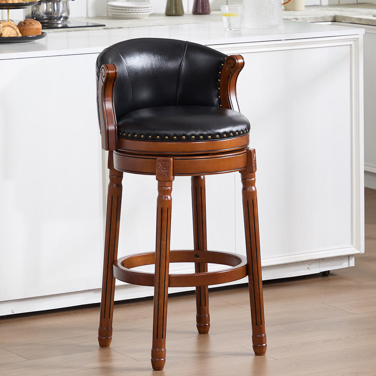 BARHOCKER drehbar Sitzhöhe ca. 75 cm Leder Holz Schwarz - Schwarz, Holz (54.8/96/54.8cm) - Meubliv