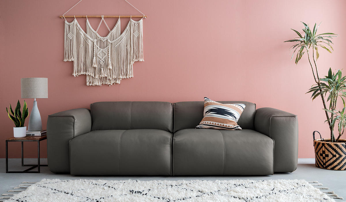 3-SITZER SOFA - Schwarz/Grau, Leder/Kunststoff (251/71/102cm) - home24