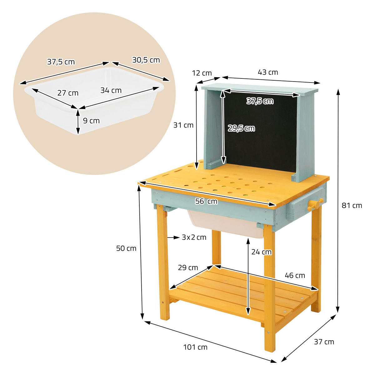 WERKBANK KINDER HOLZ ‎101x37x81 cm ‎Gelb-Türkis - Gelb, Holz/Kunststoff (101/81/37cm) - Joyz