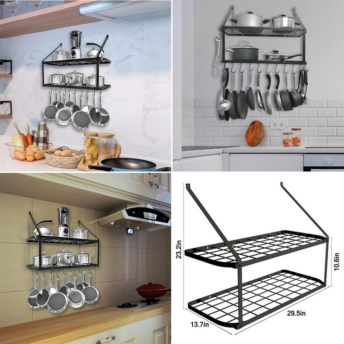 WANDREGAL 2-stöckig mit 10 Haken für Töpfe und Pfannen schwarz 74,9/34,8/58,9 cm - Schwarz, Metall (30/75/35cm) - Livingandhome