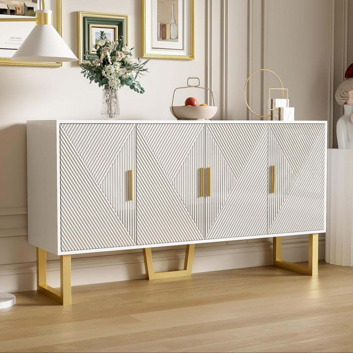 SIDEBOARD in Weiß mit 4-Türen-Design，hochglänzenden strukturierten - Weiß, Holz (40/82/150cm) - KOMHTOM