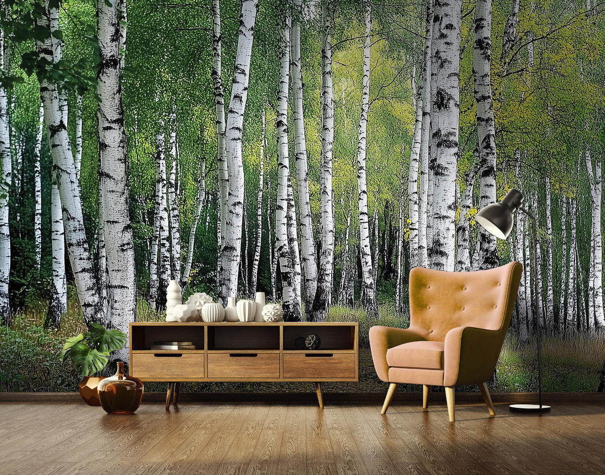FOTOTAPETE 3D Effekt Wald Bäume Natur Tapete Wohnzimmer 350x250 - Multicolor, Papier (350/250cm) - Wallarena