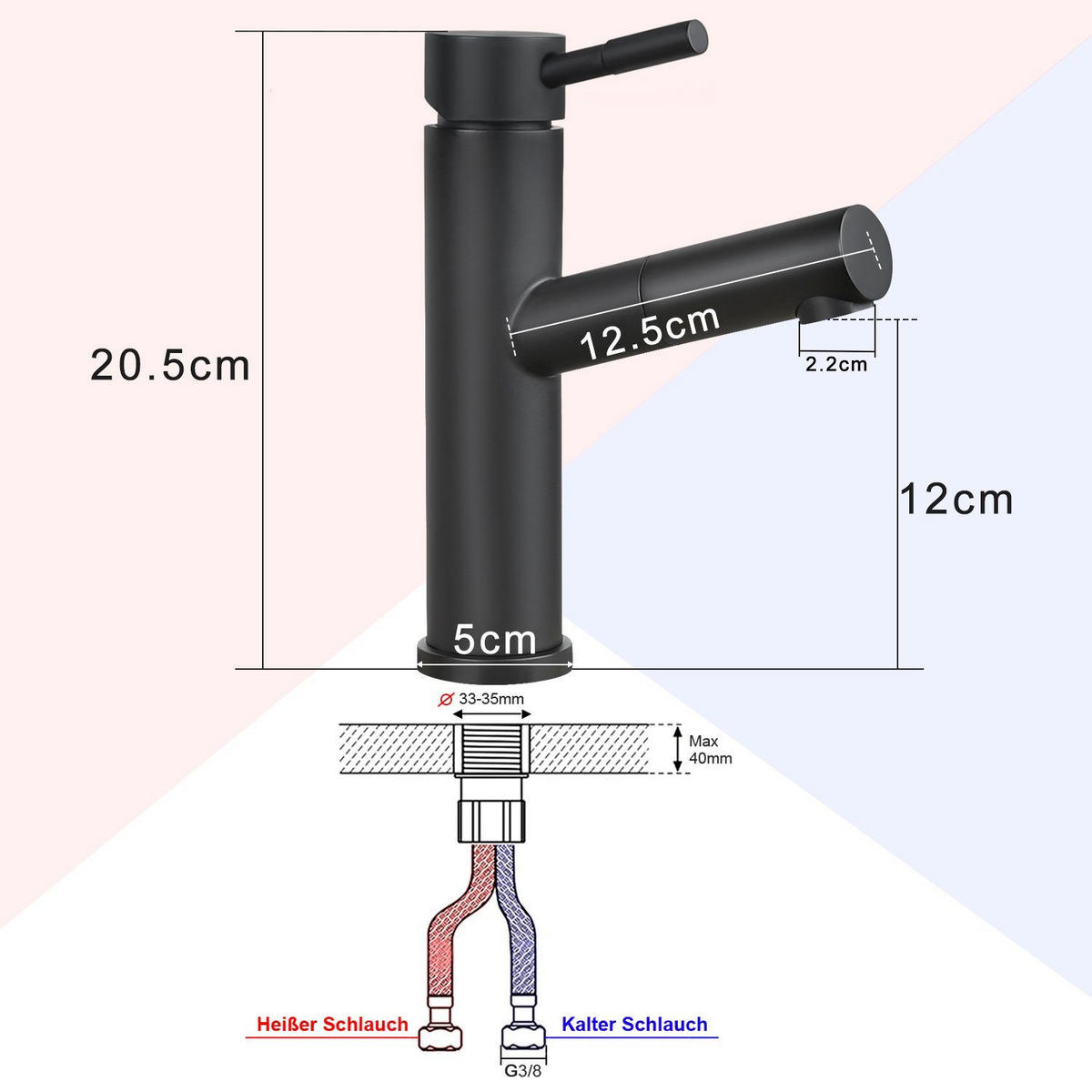 WASCHTISCHARMATUR ZYCT 5/12.5/20 cm - Schwarz, Metall (12.5/20.5/5cm) - ZMH
