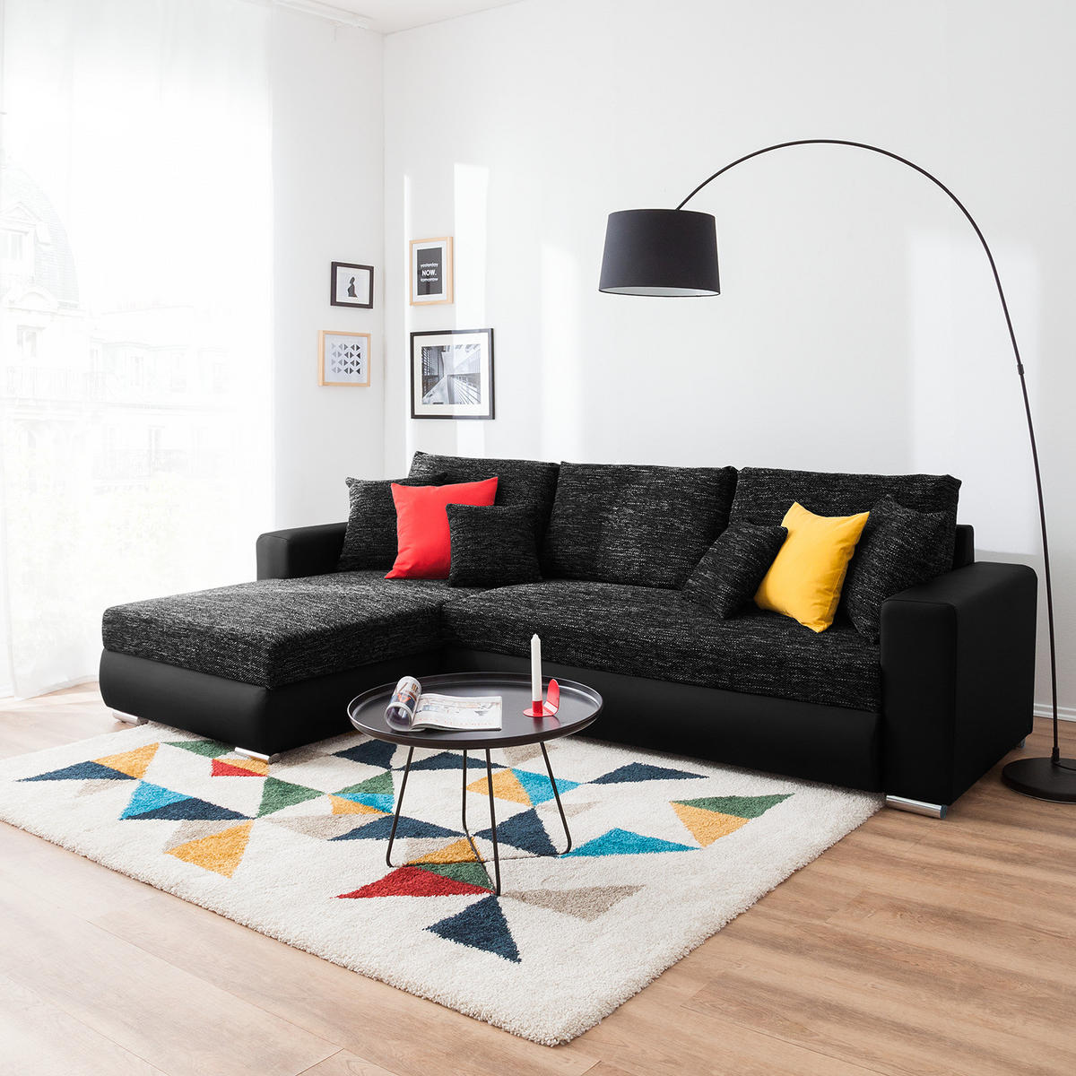 ECKSOFA mit Schlaffunktion - Kunstleder / Strukturstoff - Schwarz, Kunststoff (285/170cm) - home24