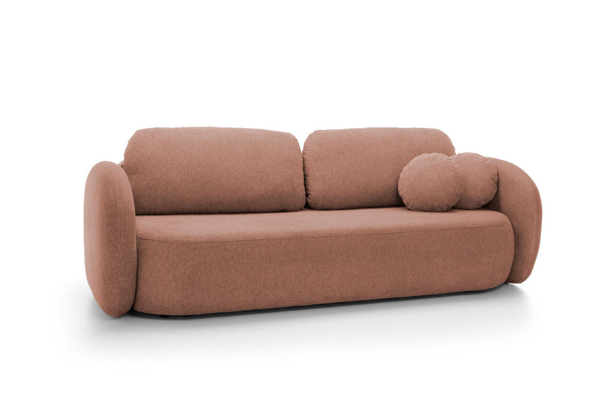 SOFA OLIO Mit Schlaffunktion Und Bettkasten, Bonell-Taschenfederung, Aragon-Stoff, lose Rückenkissen, freistehend, 238x101x86 cm Rose - Rosa, Holz/Textil (238/86/101cm) - DomoHome