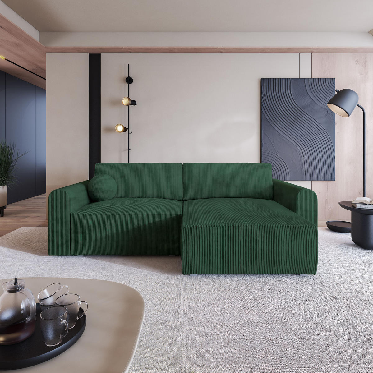 ECKSOFA FIANO P Grün Kordstoff mit Schlaffunktion - Grün, Holz (245/148cm) - MASSENO