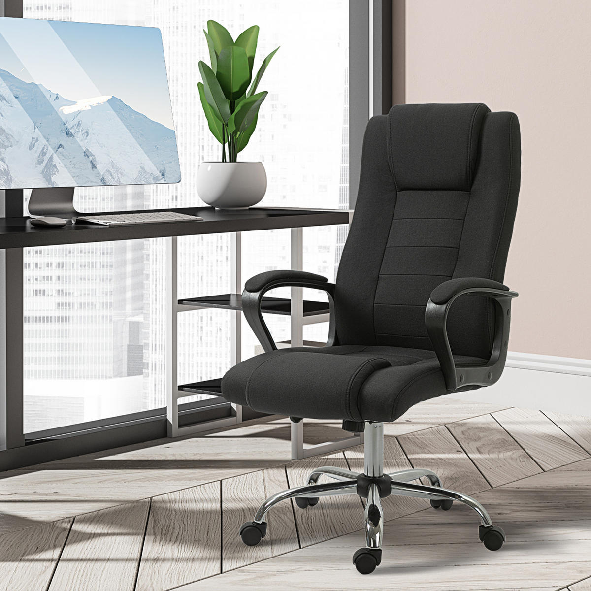 BÜROSTUHL Computerstuhl mit Wippenfunktion höhenverstellbar drehbar Leinen-Touch - Schwarz, Kunststoff (62/119/76cm) - Vinsetto