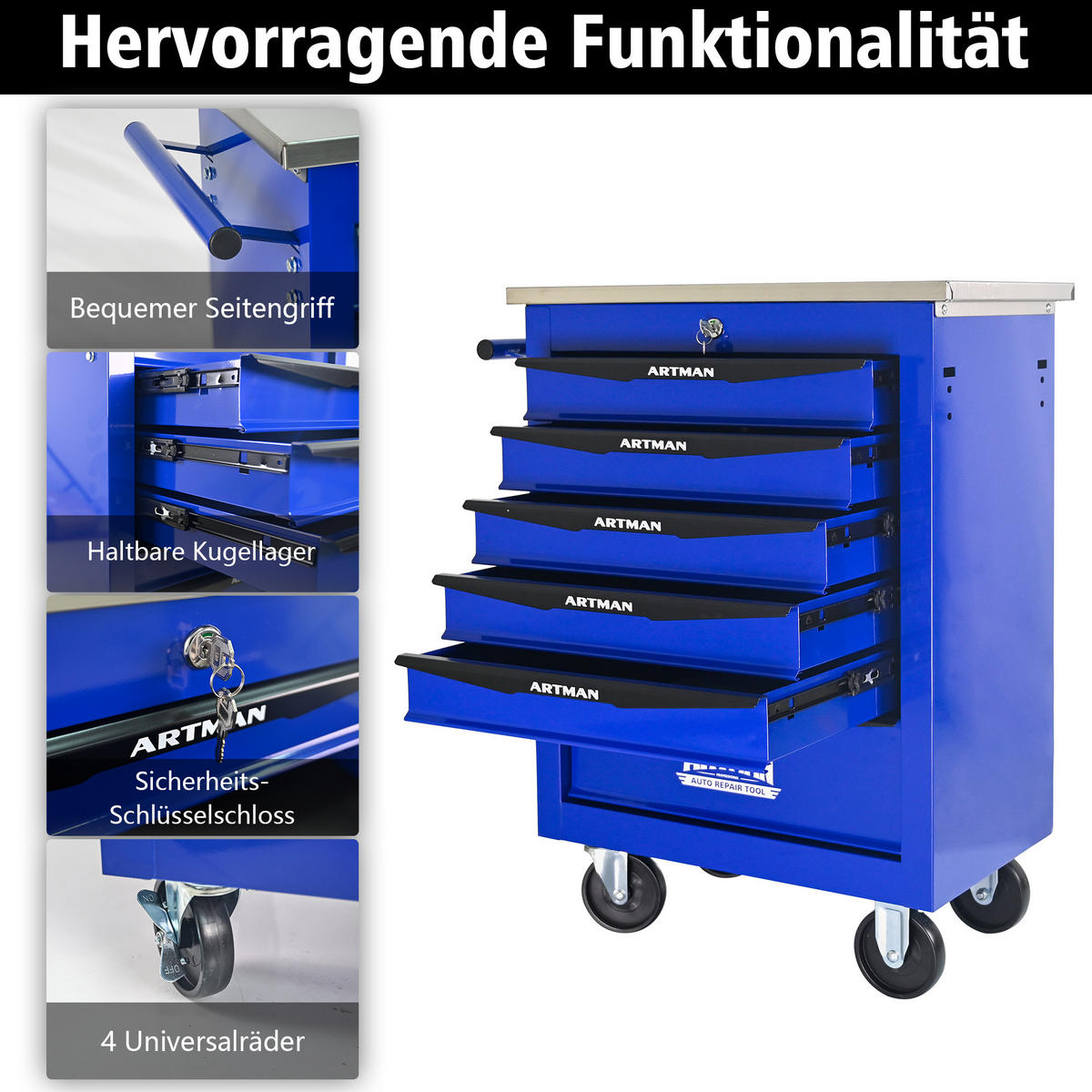 WERKZEUGWAGEN Metall mit Rollen – 6 Schubladen, Edelstahlablage, Werkstattwagen für Garage & Werkstatt, Schwarz/Blau - Blau, Metall (34.5/78/62.5cm) - Ej. Life