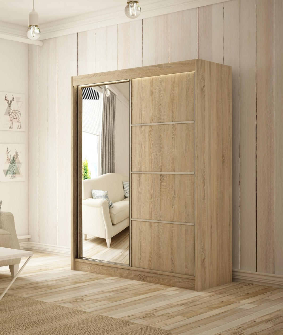 SCHWEBETÜRENSCHRANK Padwa 120 cm mit Spiegel 2-türig, Eiche sonoma - Sonoma Eiche, Kunststoff (120/215/61cm) - Margaret Hadas24