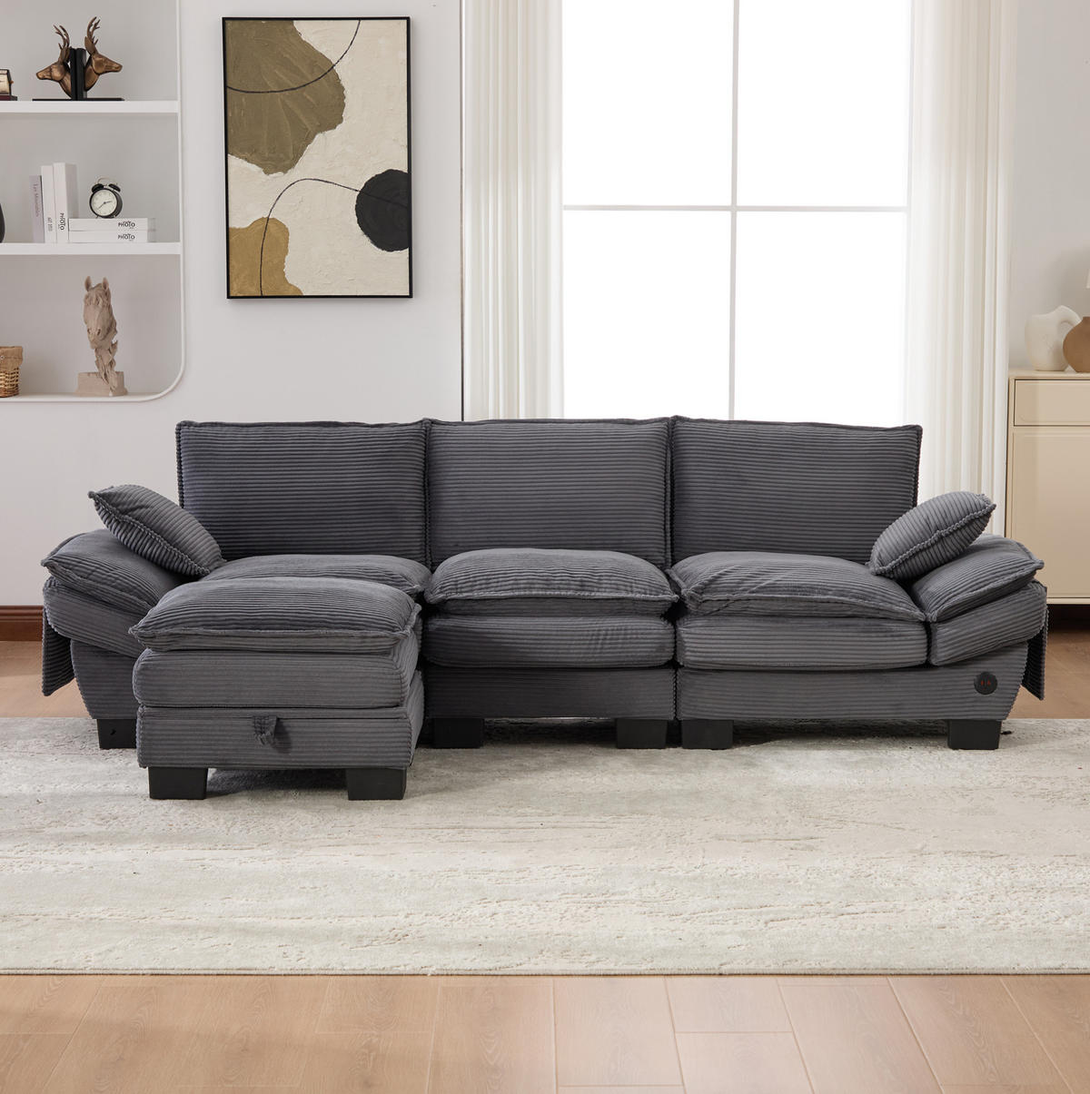 ECKSOFA 260/132/84 cm dunkelgrau aus Cord mit Hocker und USB-C - Dunkelgrau, Textil (132/260cm) - OKWISH