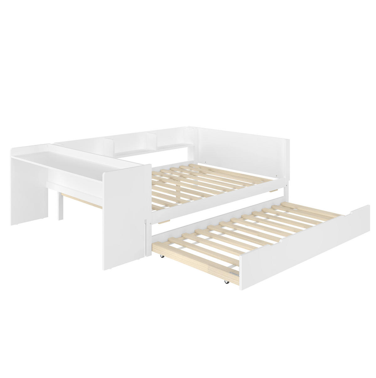 KINDERBETT aus Kiefernholz 140x200 cm Weiß mit Schreibtisch, Rollbett und Regalen - Weiß, Holzwerkstoff (140/200cm) - Modfu