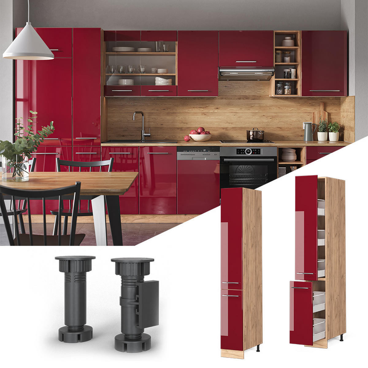 APOTHEKERSCHRANK Fame-Line Bordeaux Hochglanz 30 cm - Honigeiche/Bordeaux, Holzwerkstoff (30/206.8/58cm) - Vicco