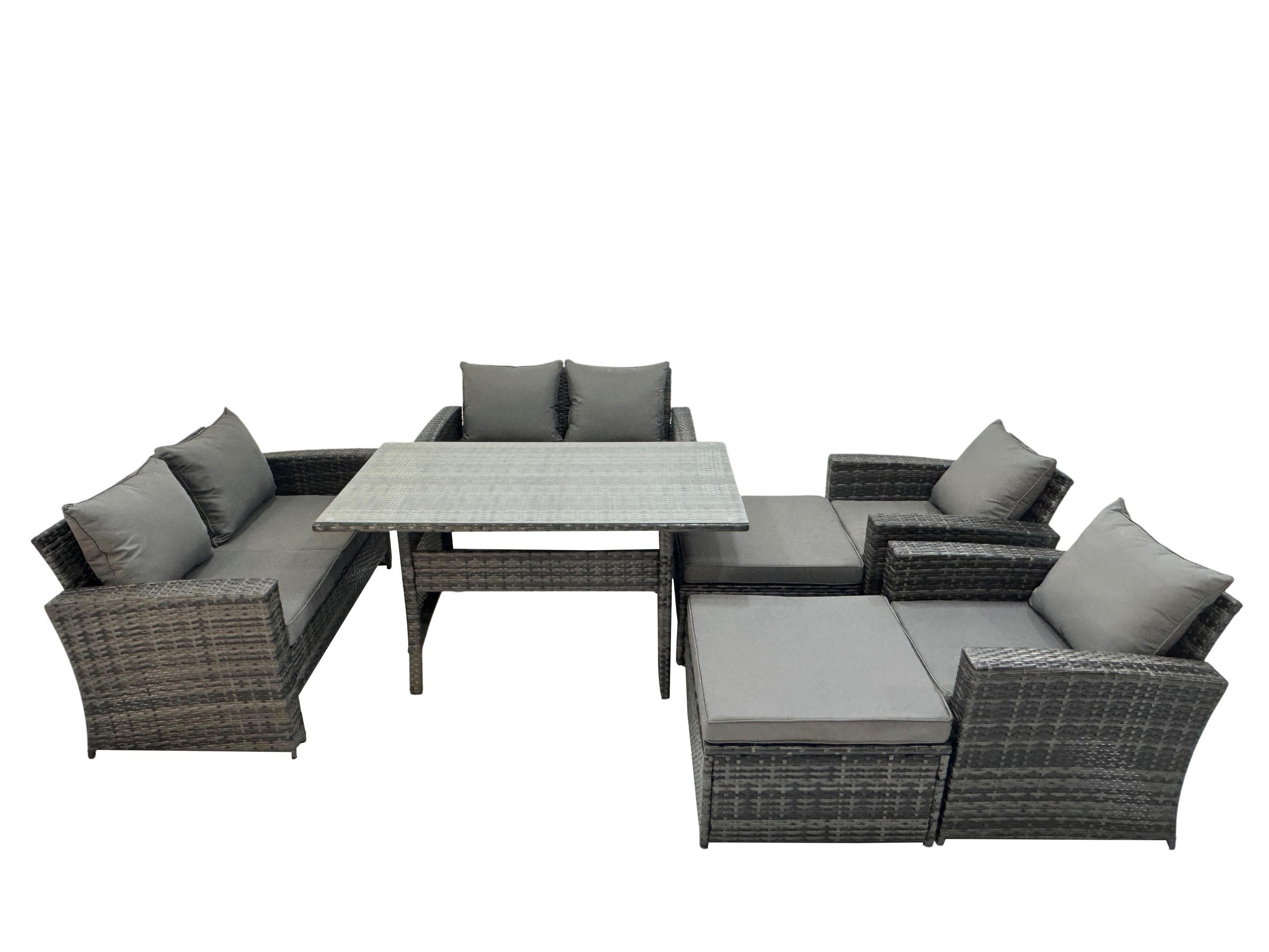 BALKONMÖBEL-SETS mit 2-Sitzer Sofa,2 große Fußhocker,Esstisch Polyrattan Dunkelgrau 8-Sitzer - Dunkelgrau/Grau, Glas/Kunststoff - Fimous