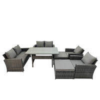 BALKONMÖBEL-SETS mit 2-Sitzer Sofa,2 große Fußhocker,Esstisch Polyrattan Dunkelgrau 8-Sitzer - Dunkelgrau/Grau, Glas/Kunststoff - Fimous