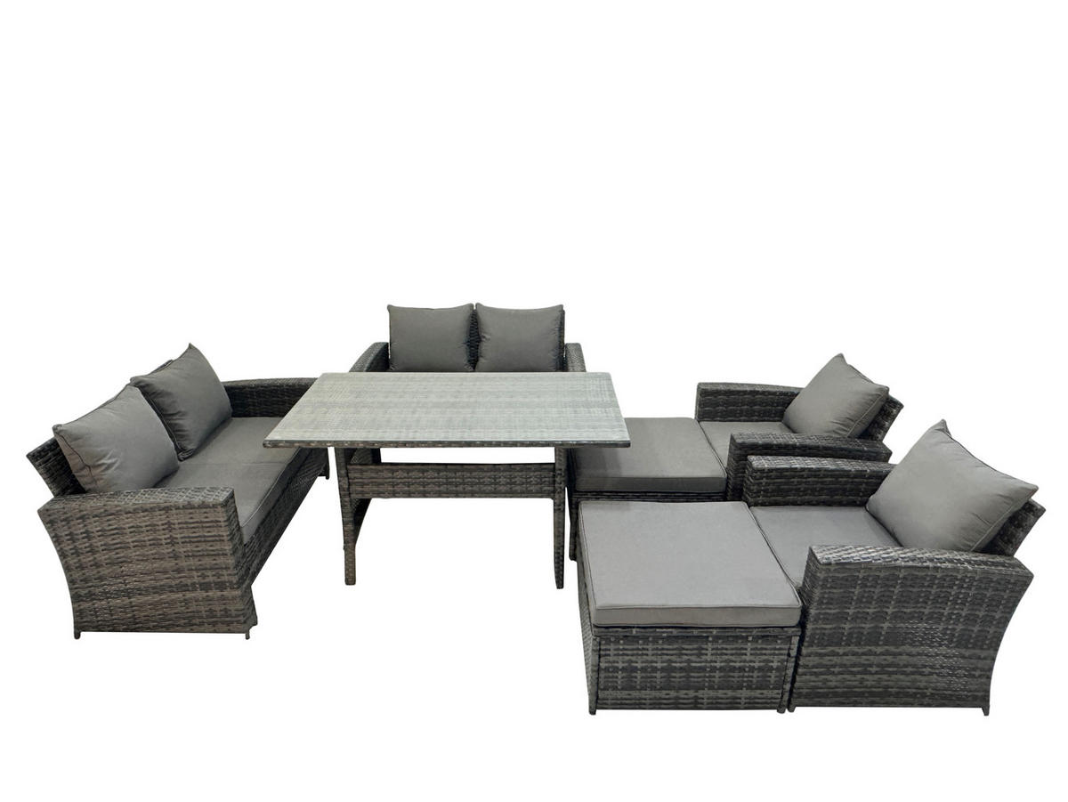 BALKONMÖBEL-SETS mit 2-Sitzer Sofa,2 große Fußhocker,Esstisch Polyrattan Dunkelgrau 8-Sitzer - Dunkelgrau/Grau, Glas/Kunststoff - Fimous