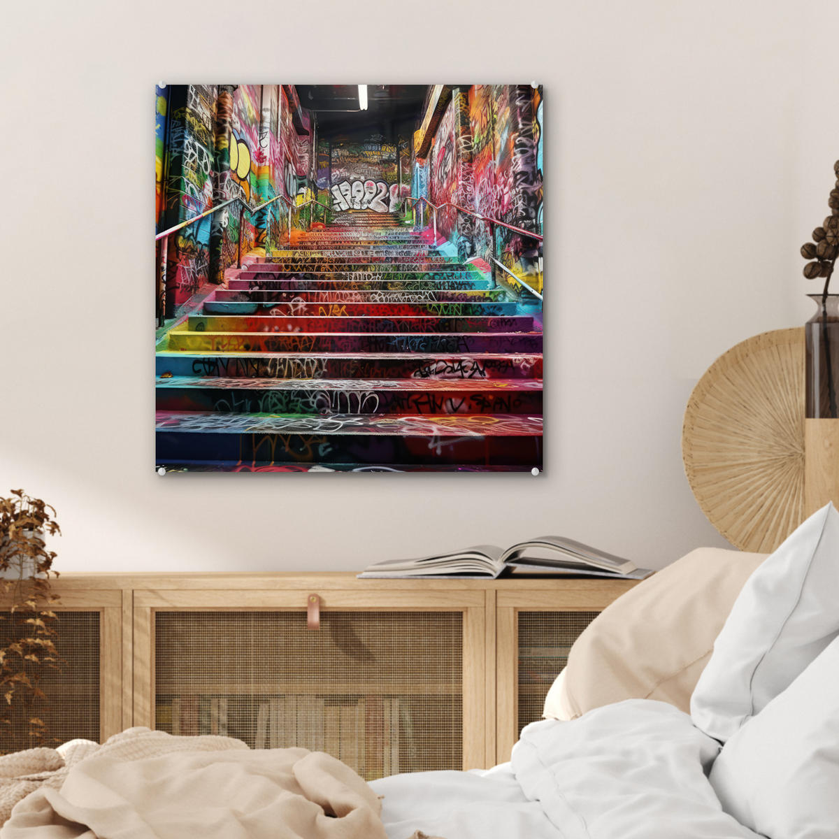 ACRYLGLASBILD Treppe - Graffiti - Farben - Kunst 50x50 cm - Multicolor, Glas (50/50cm) - MuchoWow