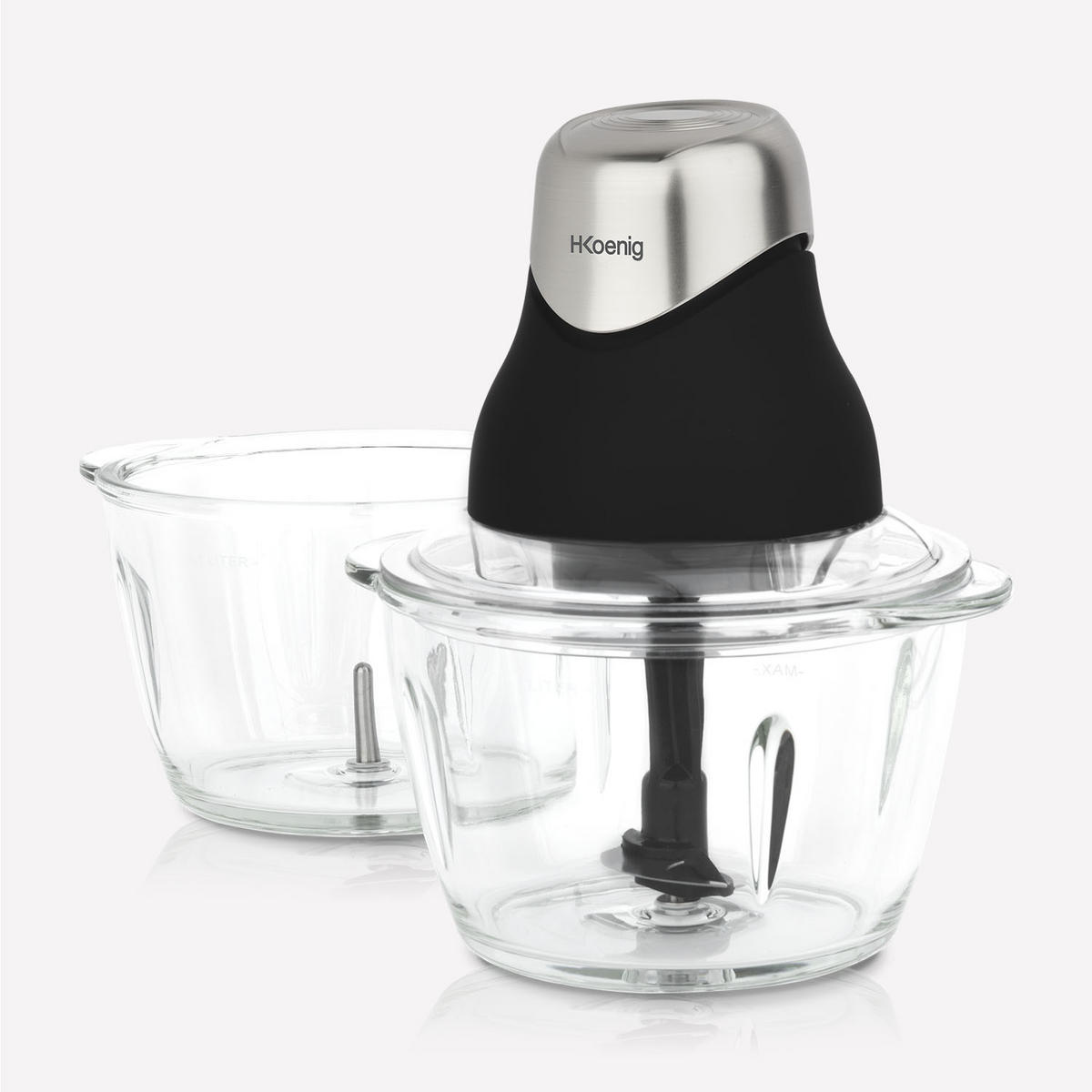 MULTIZERKLEINERER LEO9 Schwarz und Silber, elektronisch, Edelstahlklingen, 1x Glasschale, einfache Handhabung, Deckel für Frischehaltung - Schwarz, Metall (18.5/21.8/16cm) - HKoenig