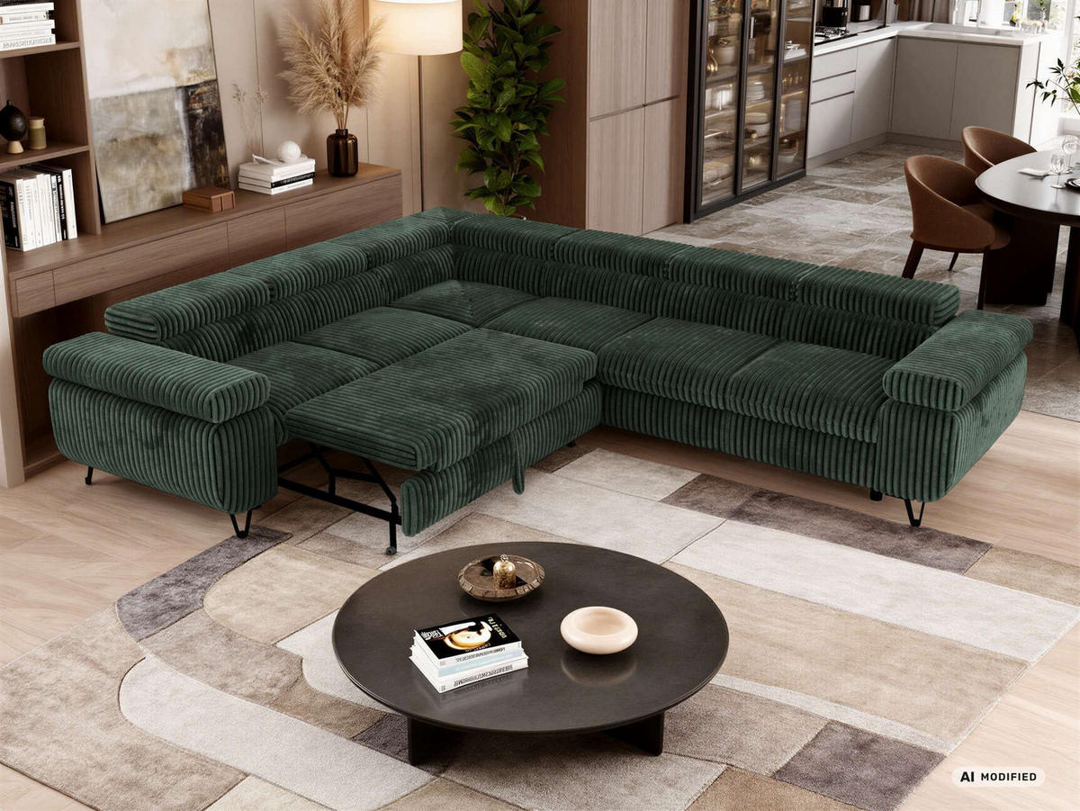 ECKSOFA NORDEN L - Dunkelgrün Cord - Rechts Seite - Dunkelgrün/Schwarz, Textil/Metall (329/269cm) - MKS