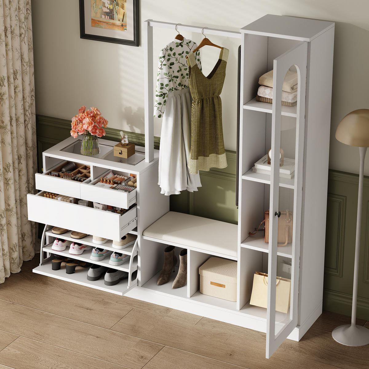 DIELENGARDEROBE 163/50/161 cm in Weiß mit Spiegel, Schuhschrank und Sitzbank - Weiß, Holzwerkstoff (163/161/35cm) - BEAOK