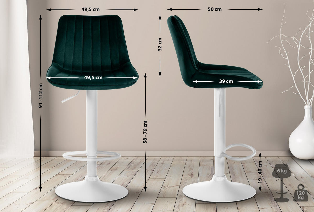 BARHOCKER 2er Set Samt grün - Weiß/Grün, Textil/Metall (49.5/91/50cm) - CLP