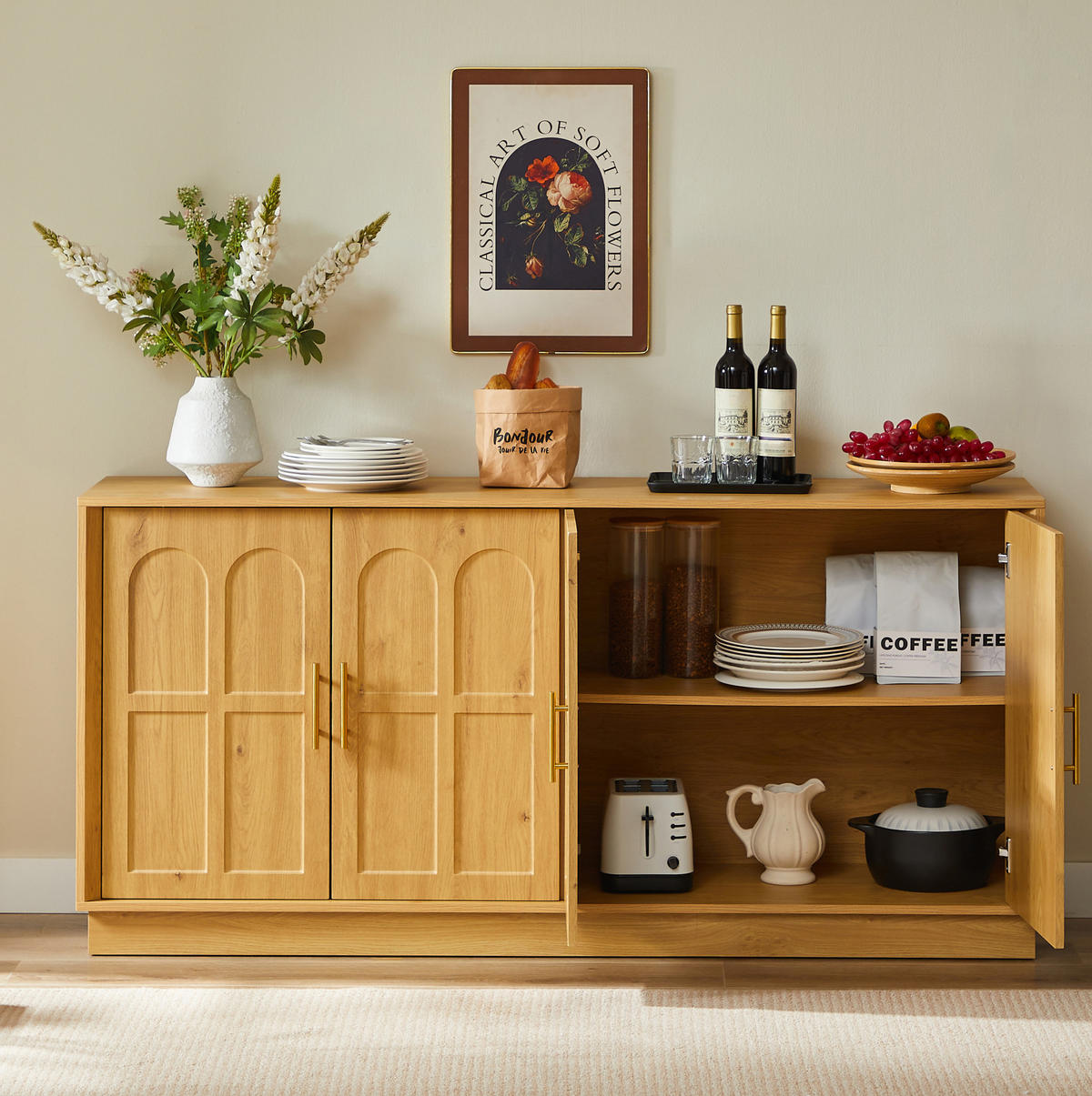 SIDEBOARD 169/40/80 cm in Naturfarbe mit 4 Türen & viel Stauraum - Naturfarben, Holzwerkstoff (169/80/40cm) - BEAOK