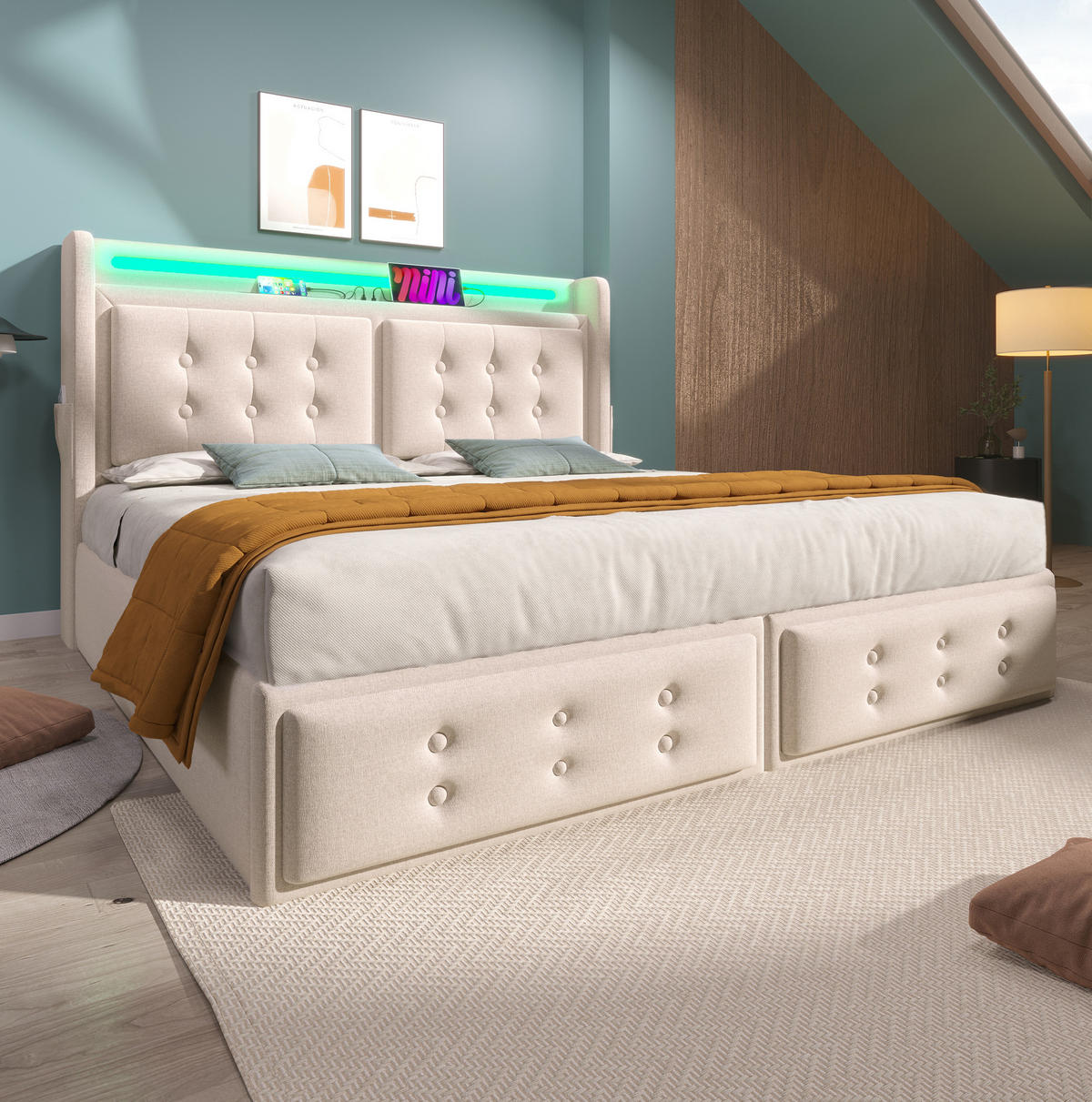 POLSTERBETT 140/200 cm in Beige mit LED-Beleuchtung, Stauraum und USB-Type-C - Beige, Textil (140/200cm) - Flora Grace