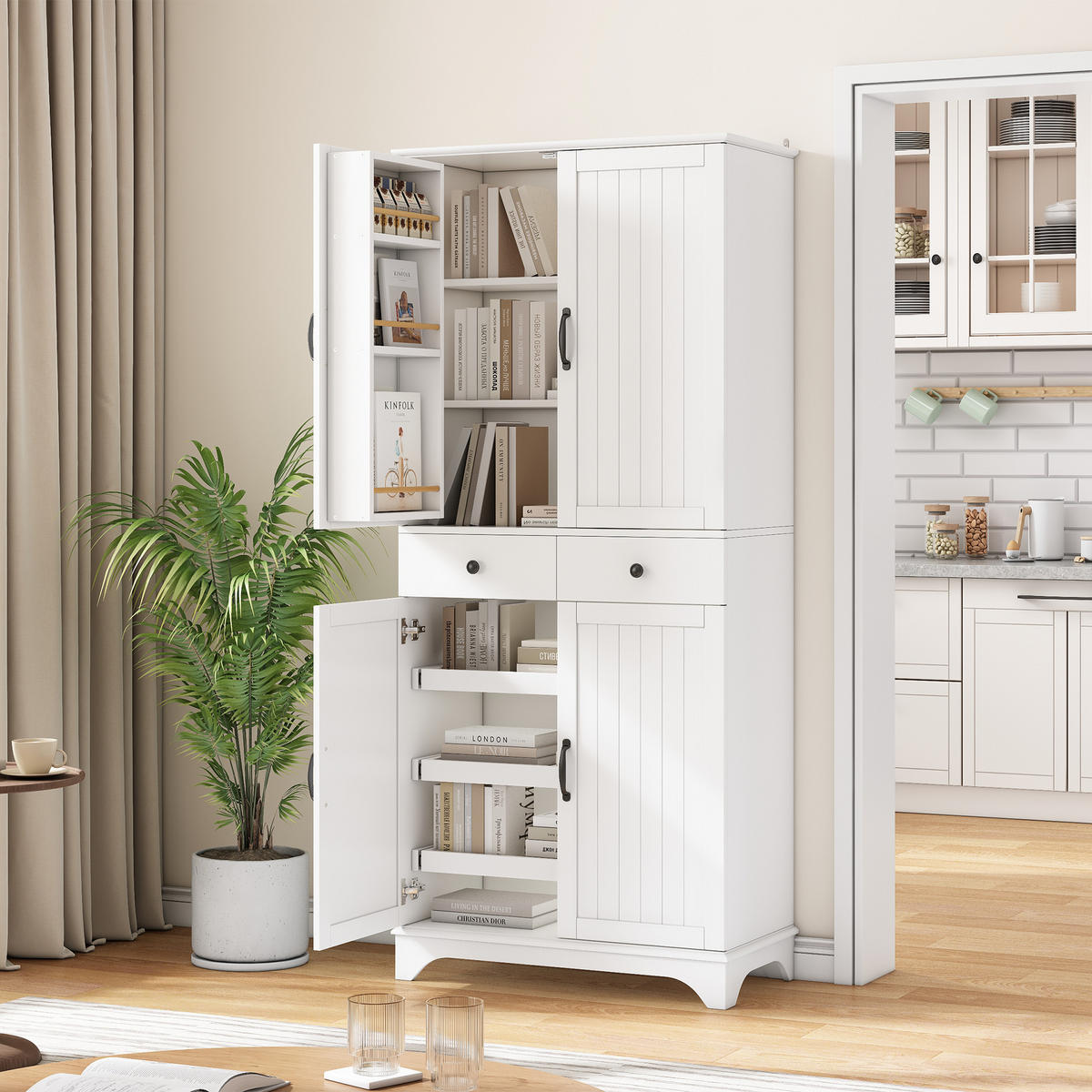 BUFFET Vorratsschrank mit verstellbaren Böden, Schubladen & Auszug, Holzoptik vertikal, modernes Stauraumsystem - Weiß, Holzwerkstoff/Metall (77/181/40cm) - EVRYAE