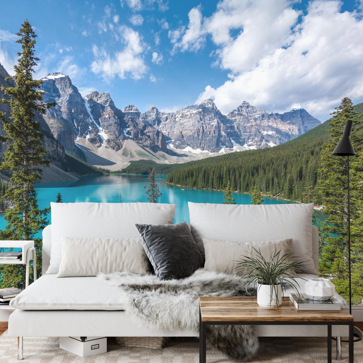 FOTOTAPETE See Berge Wald Landschaft 3D 400x280 - Türkis/Blau, Papier (400/280cm) - Muralo