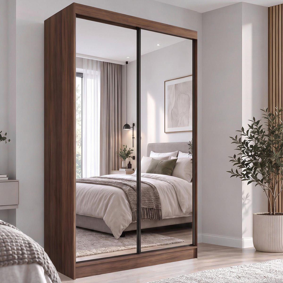 SCHWEBETÜRENSCHRANK Debra II mit Schubladen und Spiegel 120/216/61 Walnuss - Walnussfarben, Holzwerkstoff (120/216/61cm) - Beautysofa