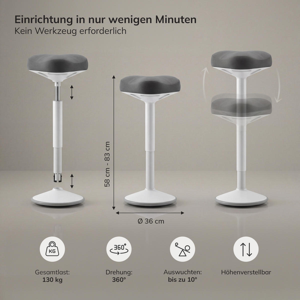BALANCEHOCKER - Weiß/Grau, Metall (36/58/36cm)