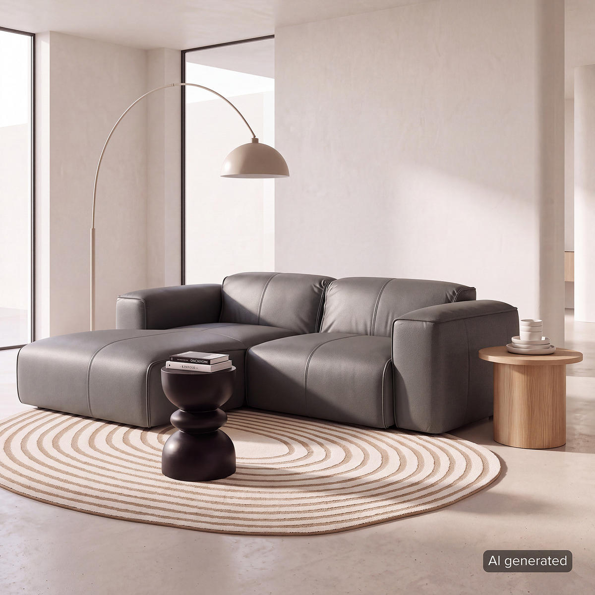 ECKSOFA mit XL-Longchair - Schwarz/Grau, Leder/Kunststoff (260/171cm) - home24