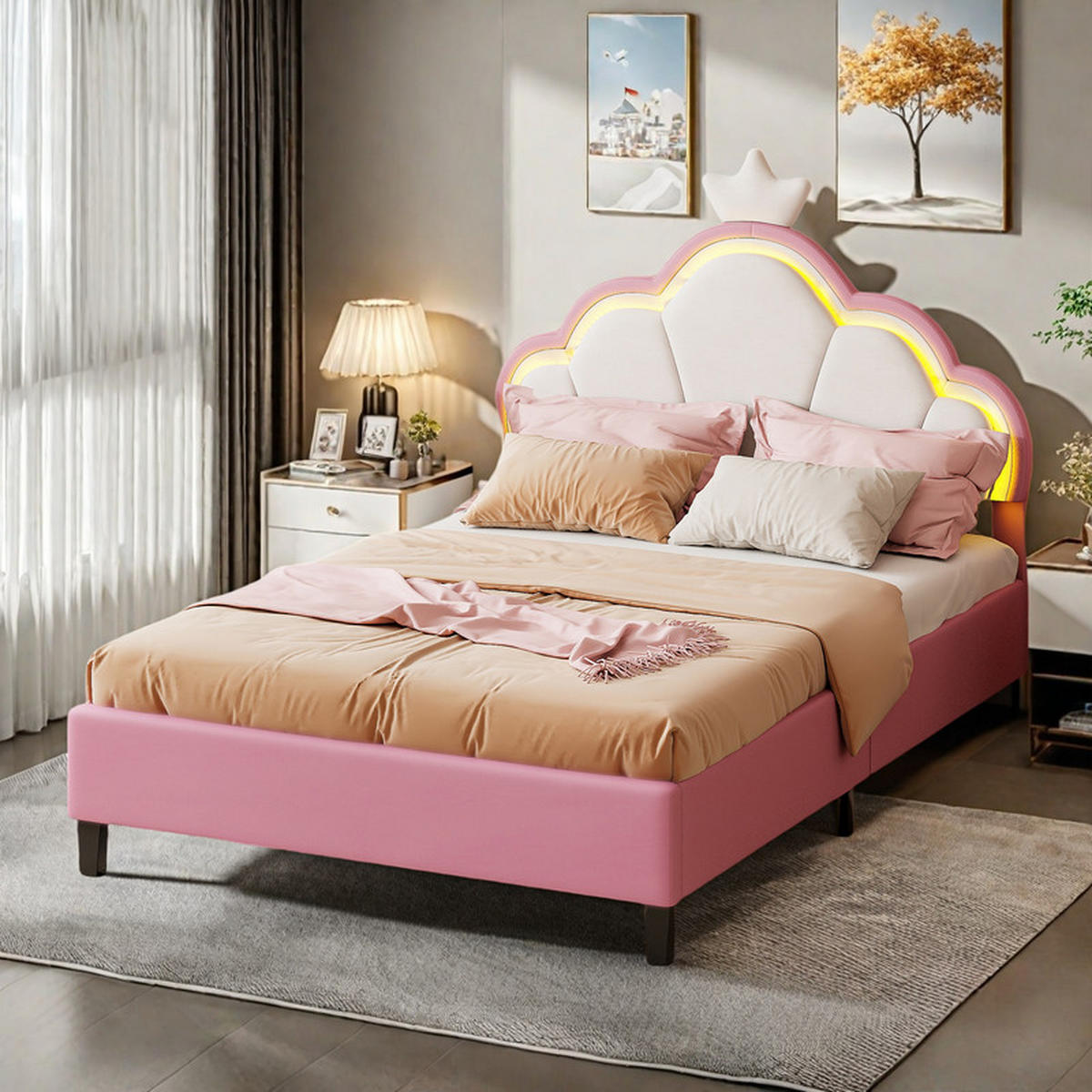 KINDERBETT 90x200cm, Samt, Rosa, Mädchenbett, mit LED-Lichtleiste, Einzelbett, ohne Matratze - Rosa, Holz (90/200cm) - WoodenAura