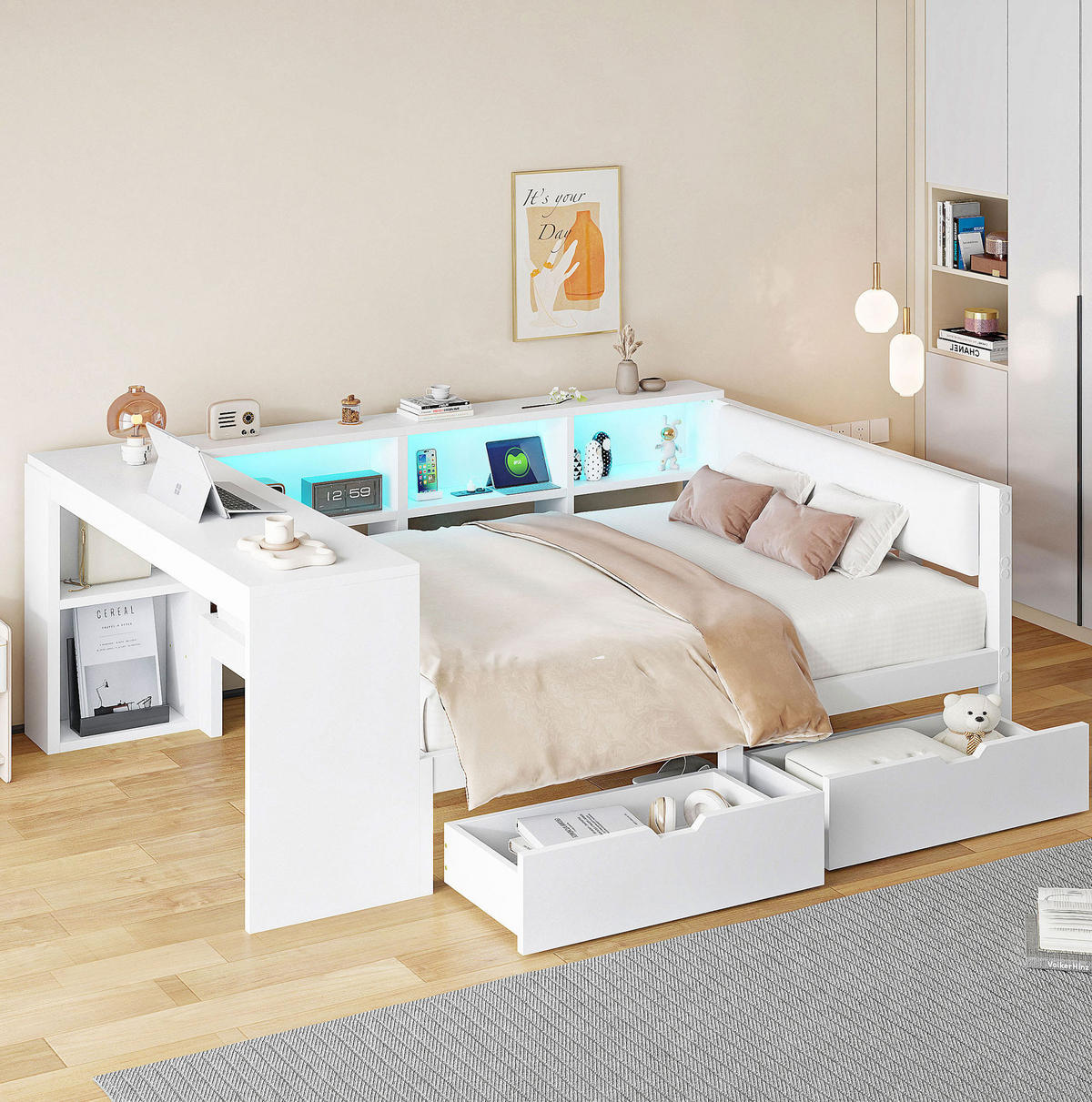POLSTERBETT aus MDF und Sperrholz 140x200 cm Weiß mit USB-Ladestation, Schubladen, Ablagen und LED-Beleuchtung - Weiß, Holzwerkstoff (140/200cm) - Modfu