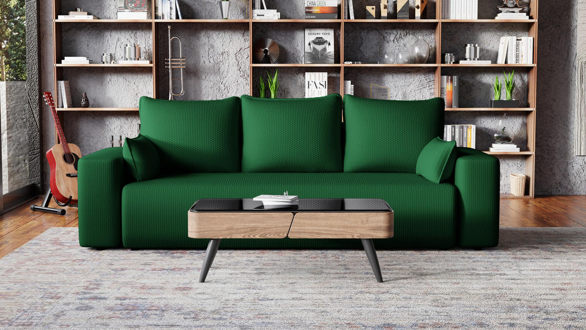 SOFA Bubi mit Bettkasten und Schlaffunktion, Cordstoff - Grün, Holzwerkstoff (242/85/95cm)