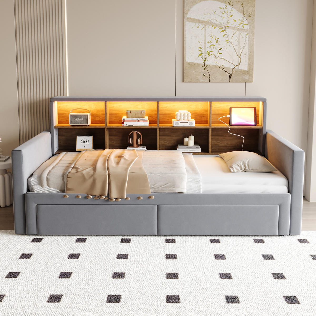 POLSTERBETT 90/190 cm Dunkelgrau aus Samt mit LED-Beleuchtung und Stauraum - Dunkelgrau, Textil (90/190cm) - OKWISH