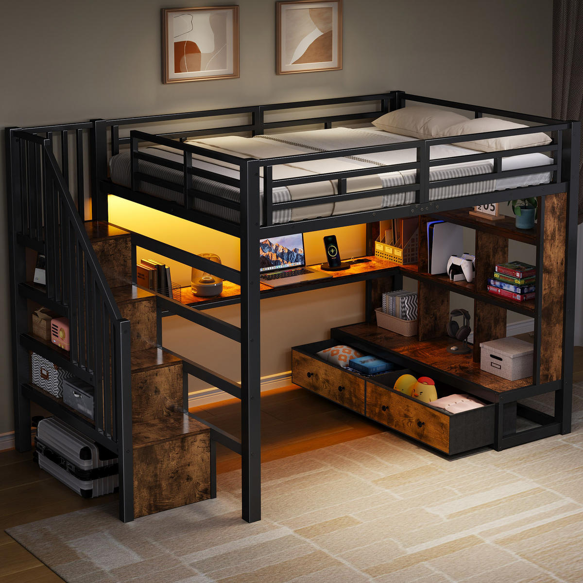 HOCHBETT 140/200 cm schwarz aus MDF und Metall mit Schreibtisch - Schwarz, Holzwerkstoff (140/200cm) - OKWISH
