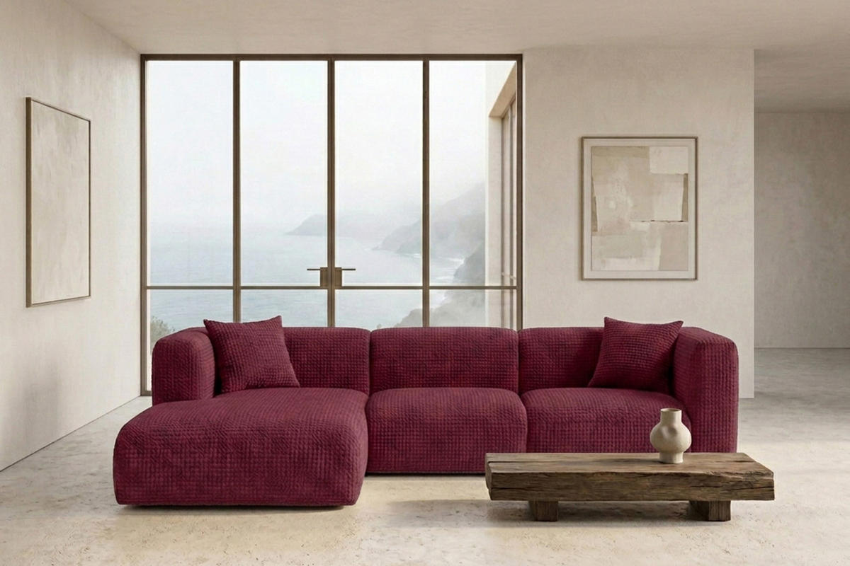 ECKSOFA L-Form, Chenille-Stoff Cremona, Rotwein, Links, GRETA - Weinrot, Holz (318/179cm) - Kaiser Möbel