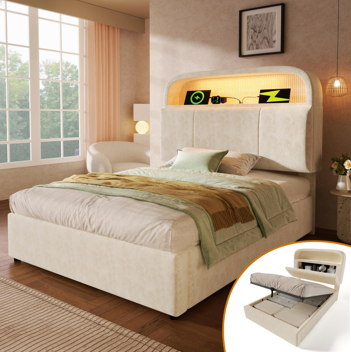 POLSTERBETT 90/200 cm Beige aus Samt mit Stauraum, LED und Matratze - Beige, Textil (90/200cm) - OKMYHOME