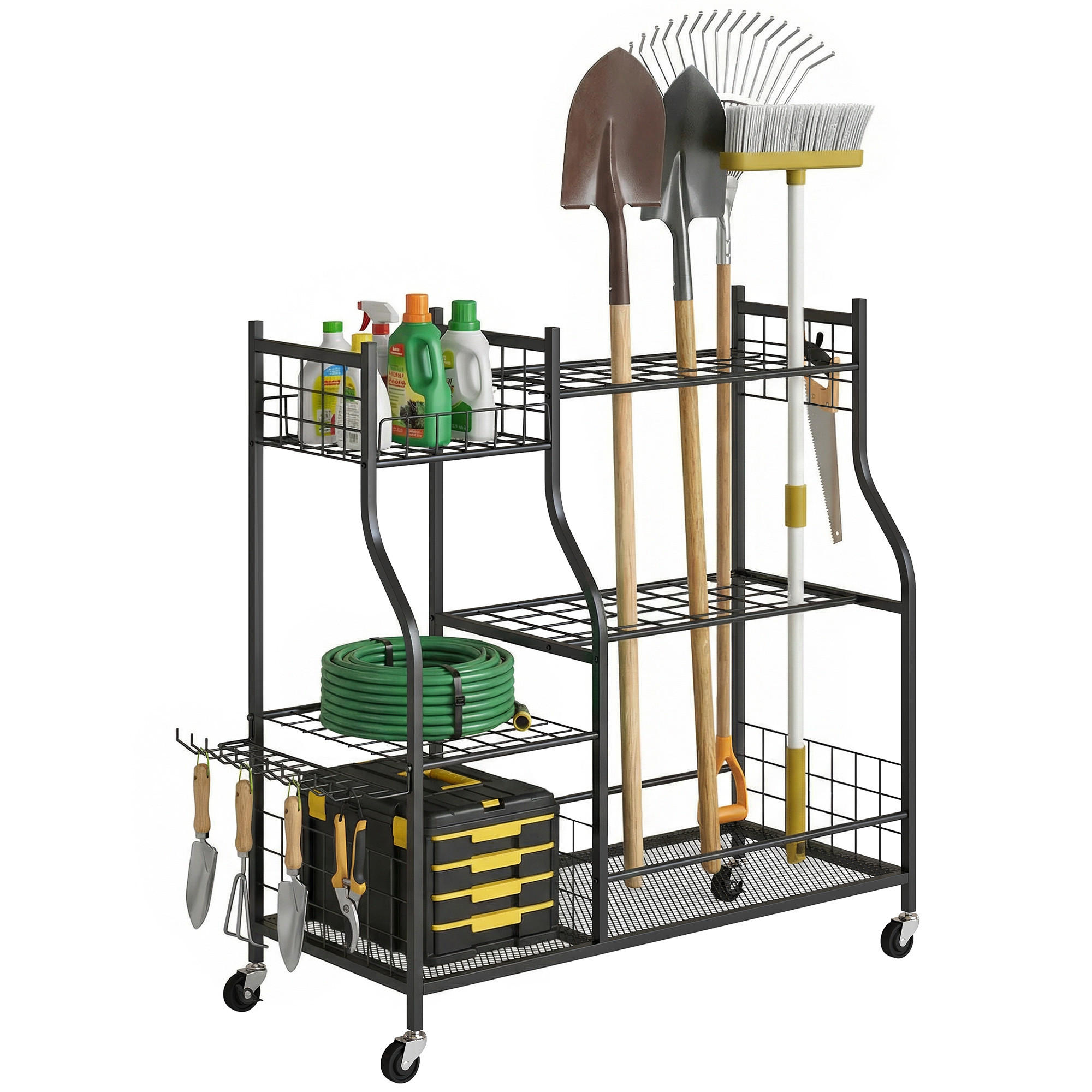 GARTENREGAL DE-13867 3-stufig mit Rollen und Haken Schwarz - Schwarz, Metall (40/95/104cm) - ComfortXL