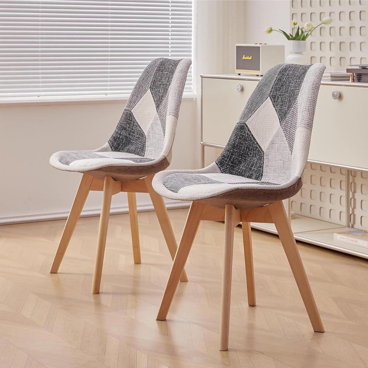 ESSZIMMERSTUHL 2-teiliges Set Patchwork Grau Stoff Massivholzbeine - Multicolor, Textil (49/83/42cm)