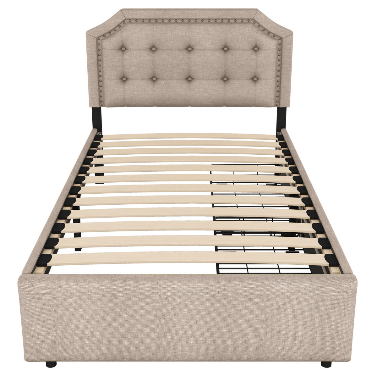 POLSTERBETT 90/200 cm mit 2 Schubladen und gepolstertem Kopfteil in Dunkelbeige - Beige, Textil (90/200cm) - BEAOK