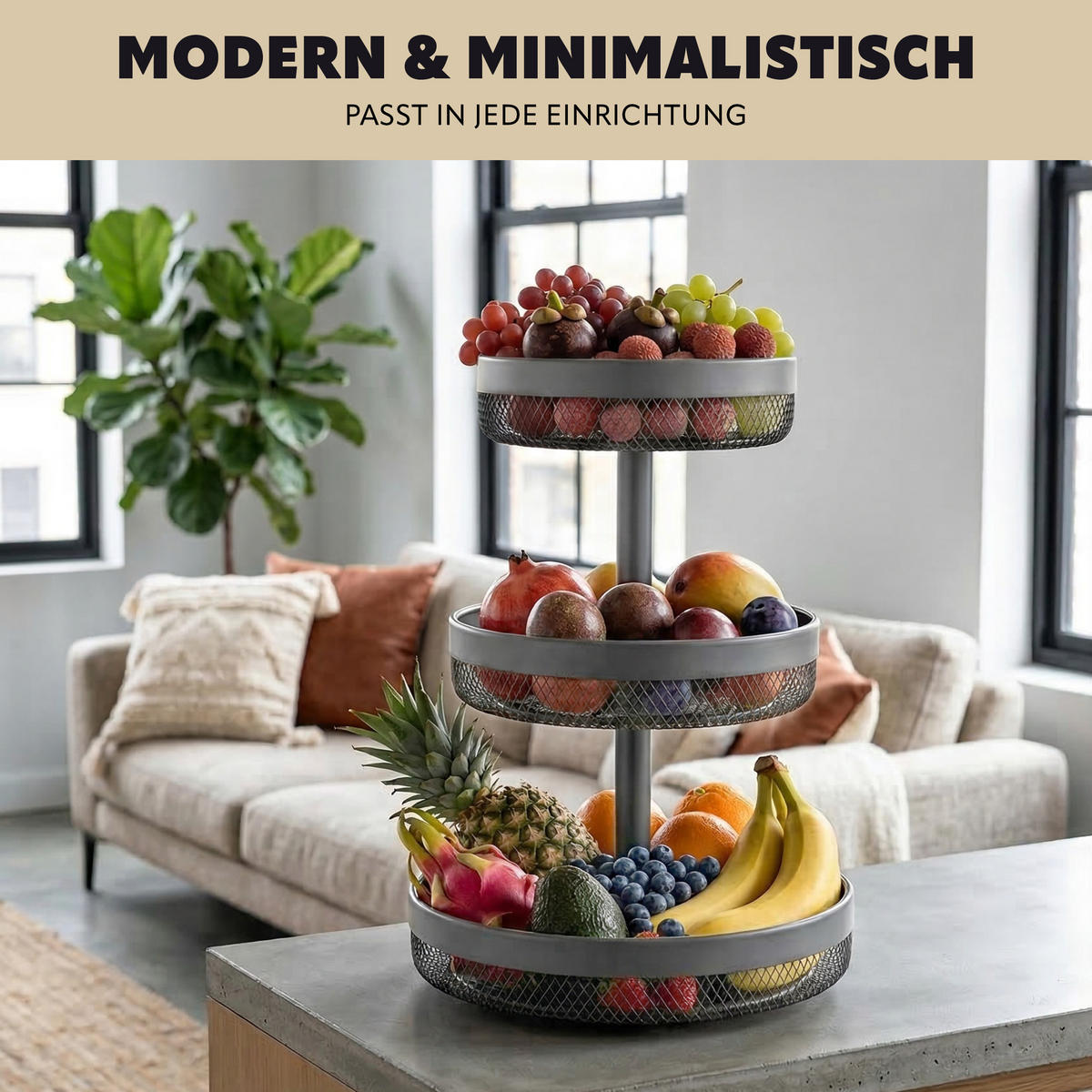 OBSTETAGERE rund, 3-stöckig, Ø 20 cm, 25 cm und 30 cm, grau, Metall - Grau, Metall (42cm) - eluno