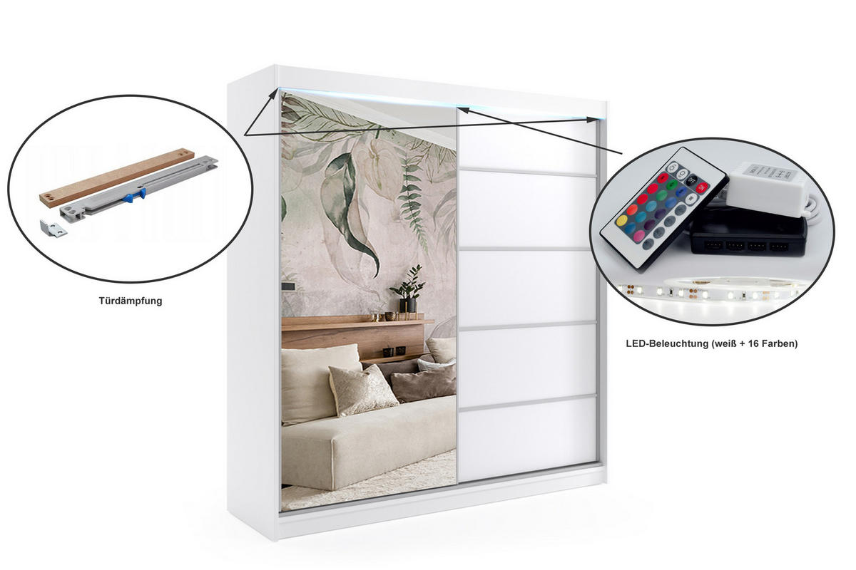 KLEIDERSCHRANK mit Spiegel-Schiebetüren und Aluminium-Leisten, LED-Beleuchtung - MAKI - 200 cm Weiß - Weiß, Holzwerkstoff (200/216/61cm) - ALTDECOR